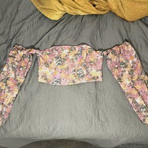 Wild Fable Boho Off The Shoulder Corset Long Puff Sleeve Crop Top Size M